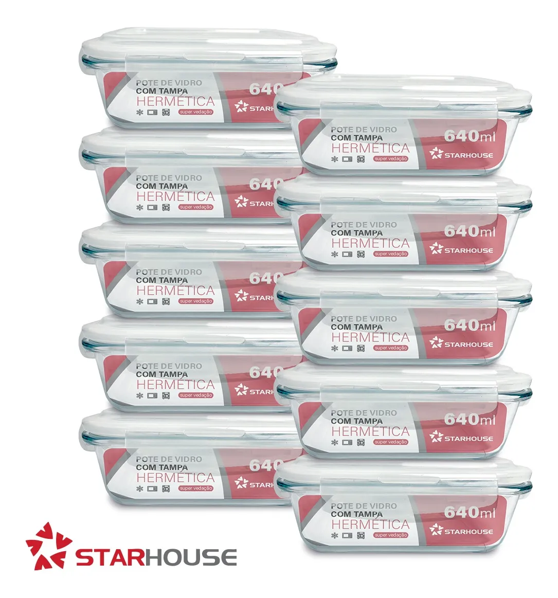 Kit 10 Potes Herméticos de Vidro 640ml Starhouse – Marmita para Micro-ondas e Forno