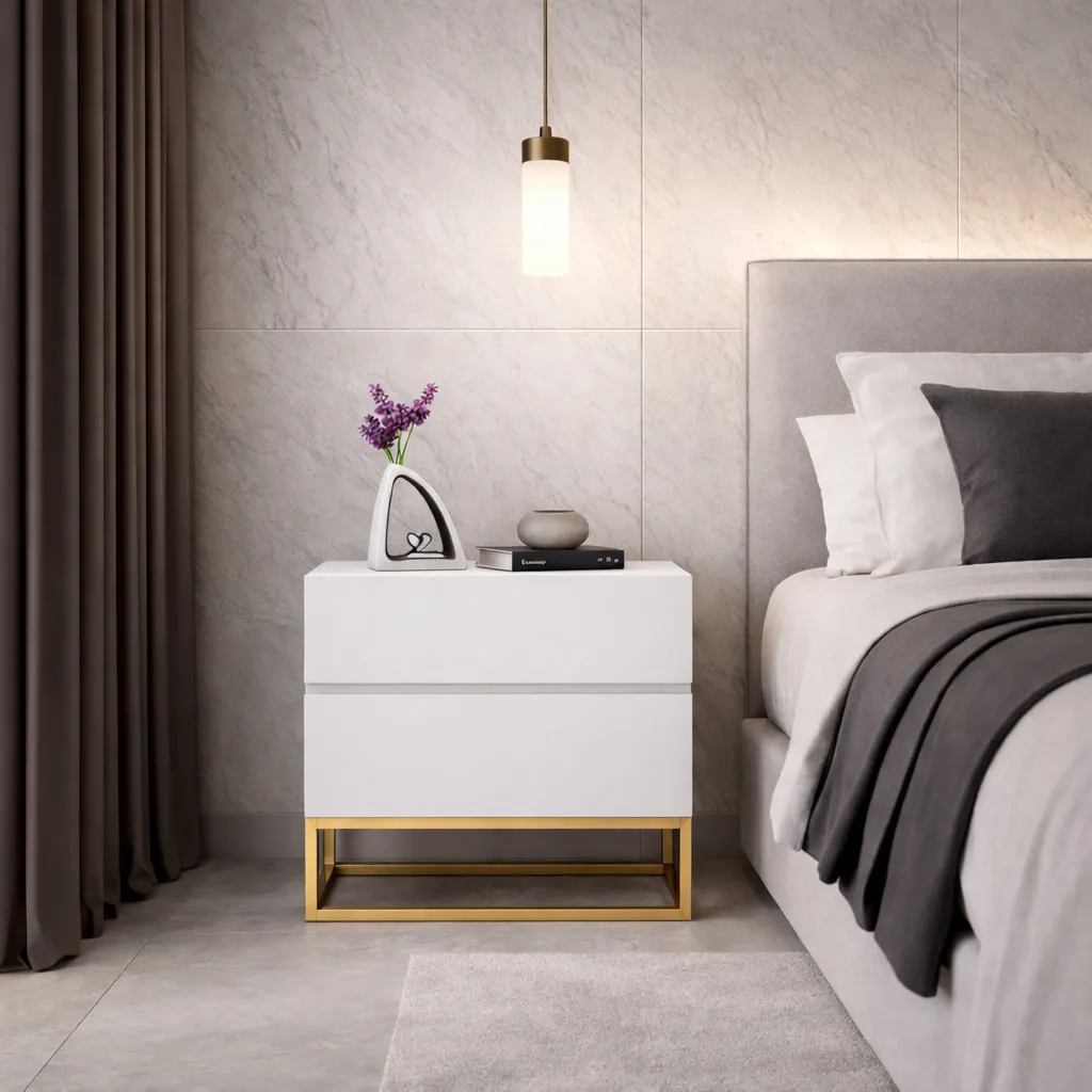 Mesa de Cabeceira Industrial Eros 45cm Branco com Pés Dourados