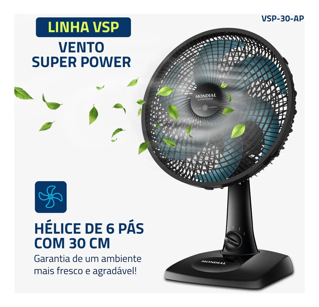 Ventilador de Mesa Mondial Super Power 30cm 6 Pás Preto Potente e Silencioso