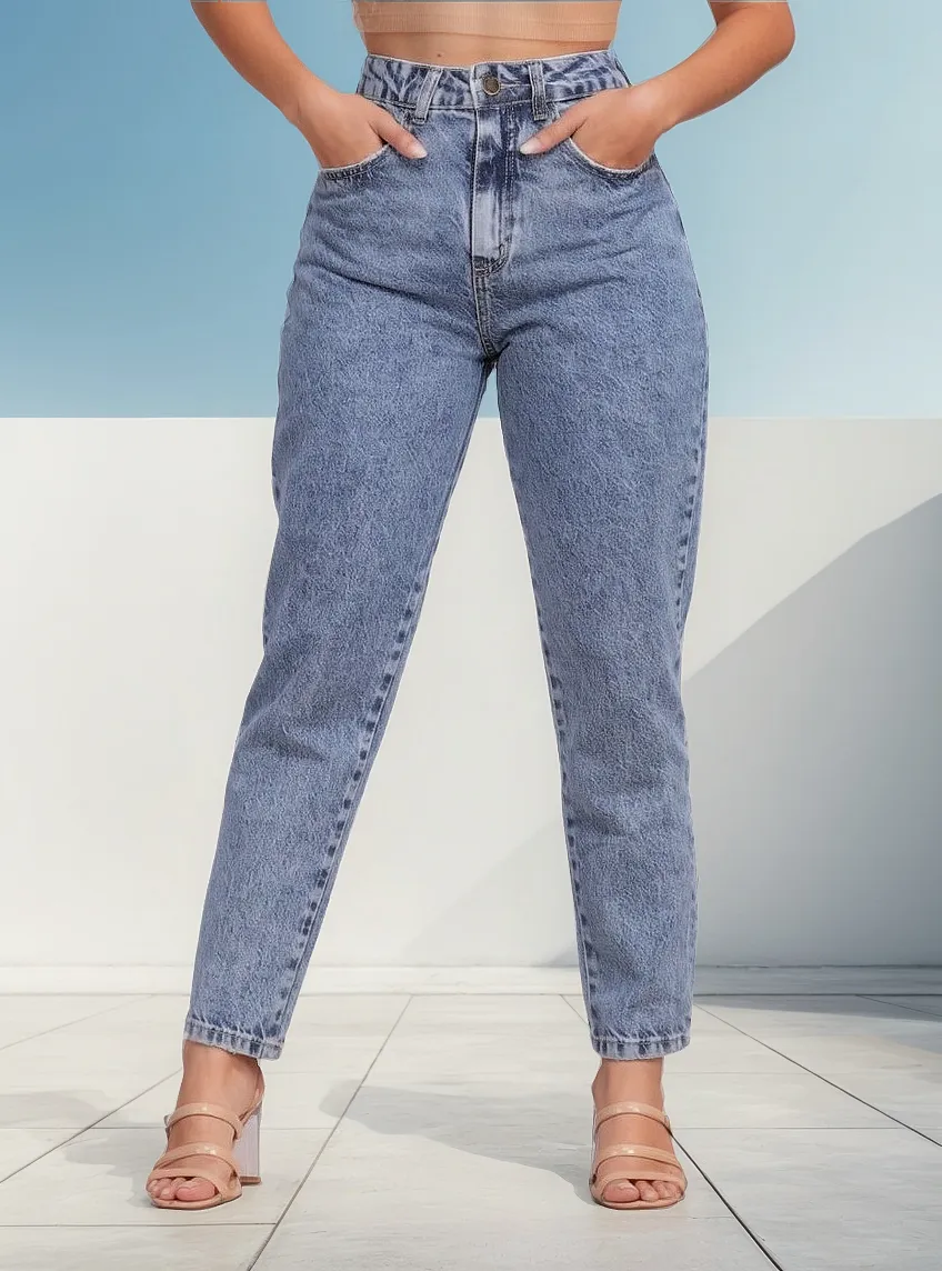Calça Jeans Mom Feminina Cintura Alta Marmorizada Estilo Casual Moderno
