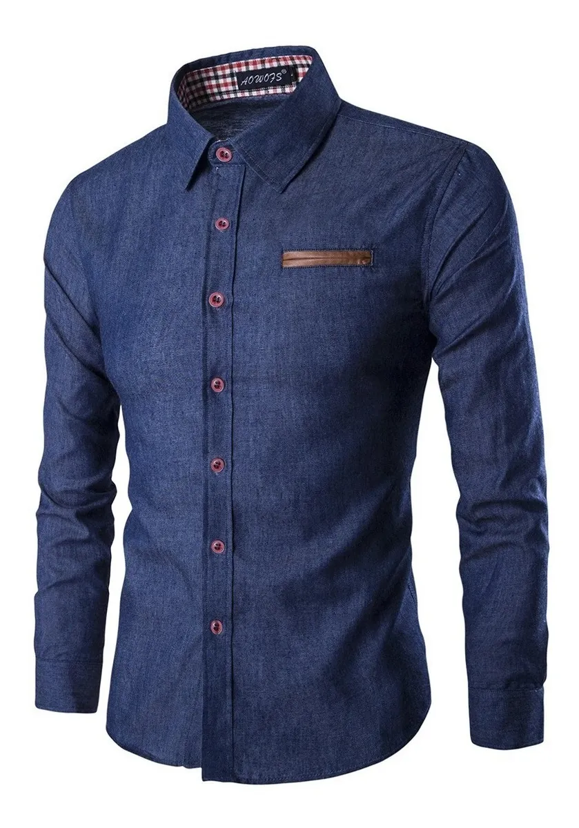 Camisa Social Masculina Slim Fit Manga Longa Jeans Estilo Casual Moderno