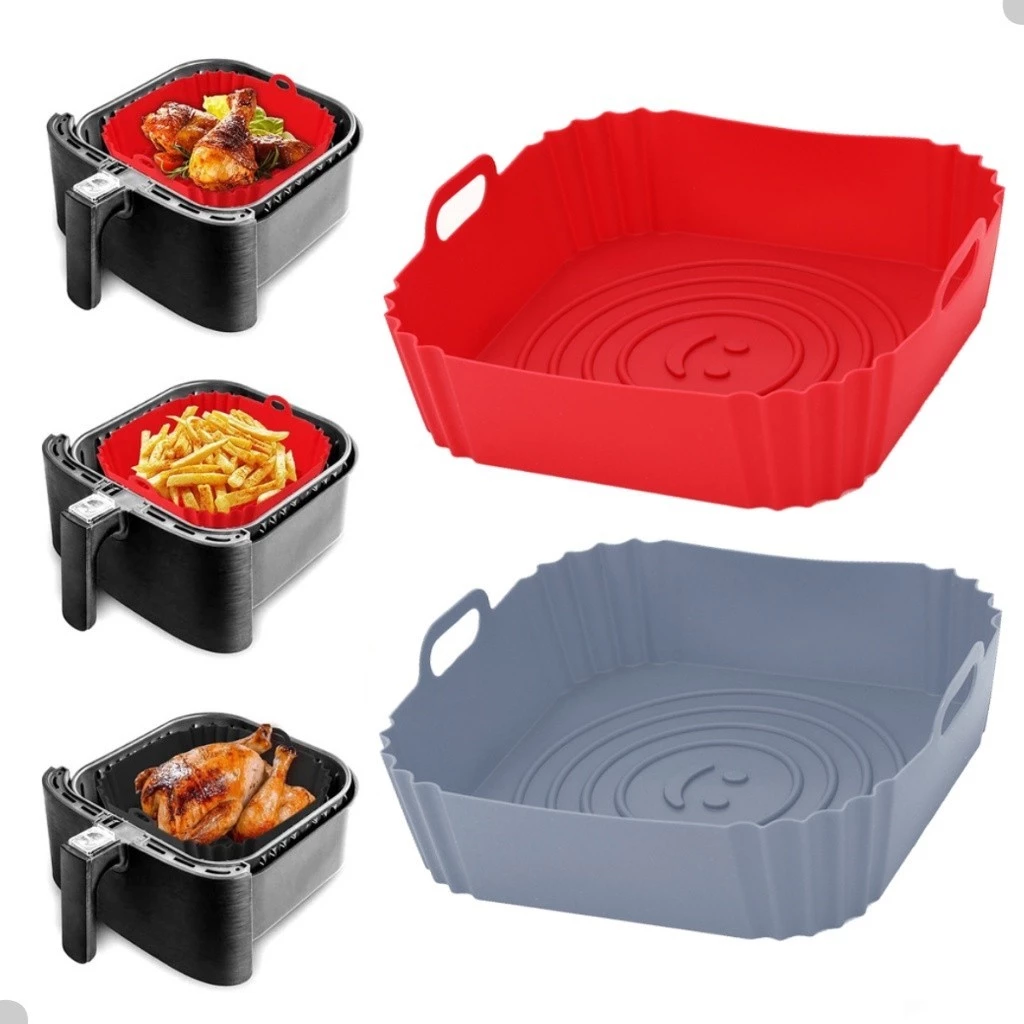 Kit Formas de Silicone Quadradas 16x16cm para Air Fryer e Forno – Assadeira Antiaderente com Alça