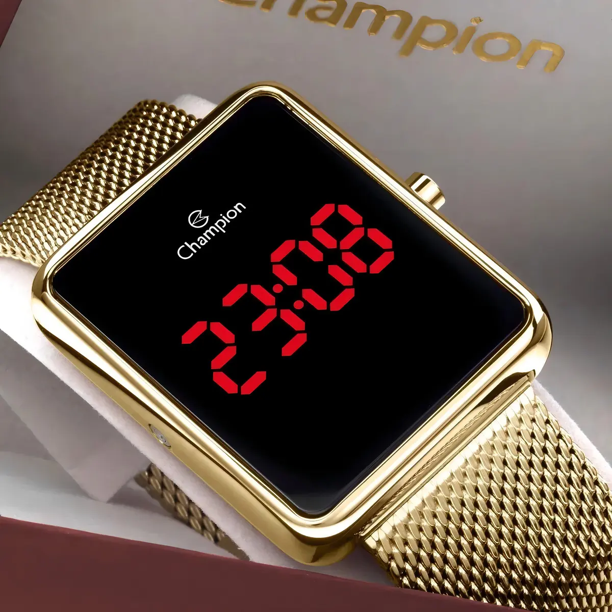 Relógio de Pulso Digital Champion CH40080 Dourado com Pulseira de Aço Inox e Mostrador Preto