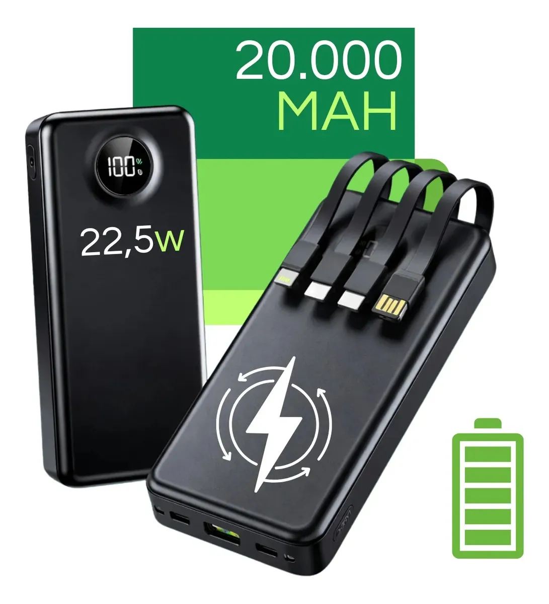 Carregador Portátil 20000mAh Turbo 22.5W Power Bank Rápido Universal para Samsung, iPhone, Xiaomi e Motorola